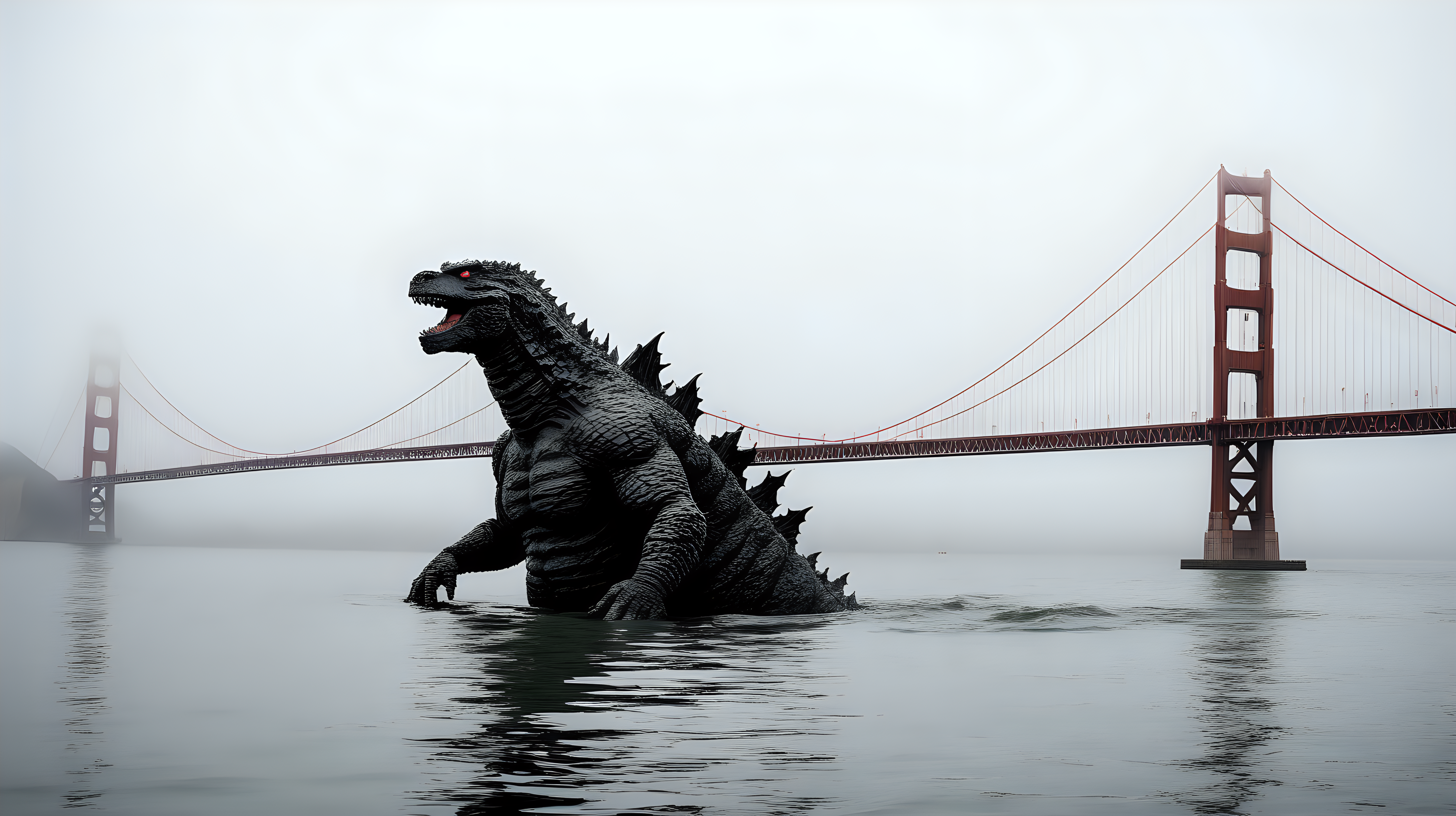 Godzilla swimming in San Francisco Bay in fog