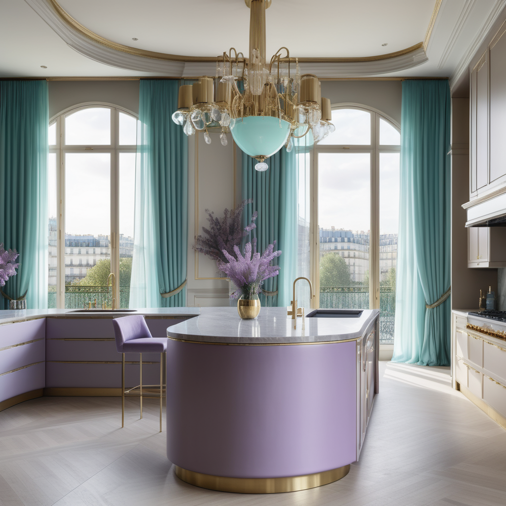 hyperrealistic image of large modern Parisian kitchen with island, floor to ceiling windows, curves, taupe, aqua, lilac and brass colour palette, brass chandelier, sheer curtains