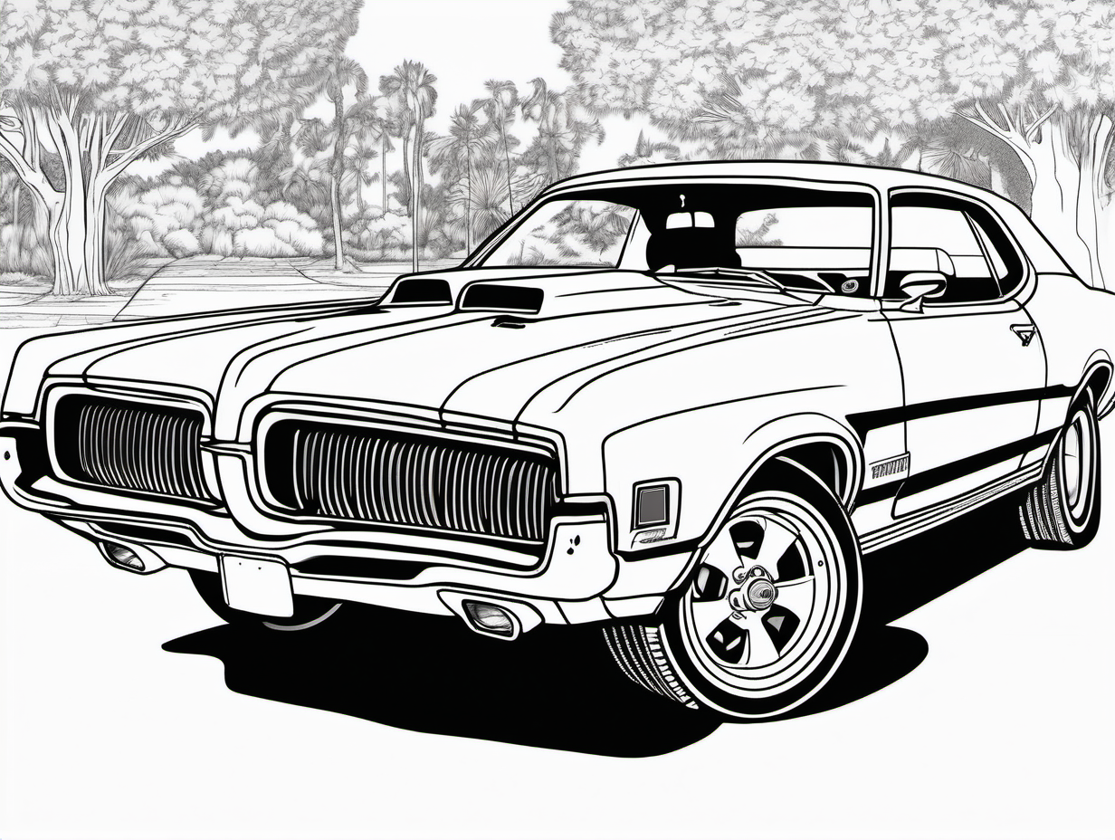 coloring page for adults, classic American automobile, 1970 Mercury Cougar Eliminator, clean line art, high detail, no shade