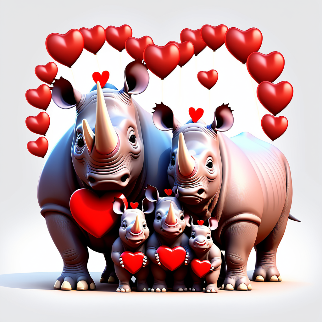 /envision prompt: "Pixar 3D Valentine's Day Rhino Family" clipart featuring a family of rhinos adorned with heart-shaped accessories against a pristine white background. The scene radiates familial love with a touch of Valentine's sweetness. --v 5 --stylize 1000