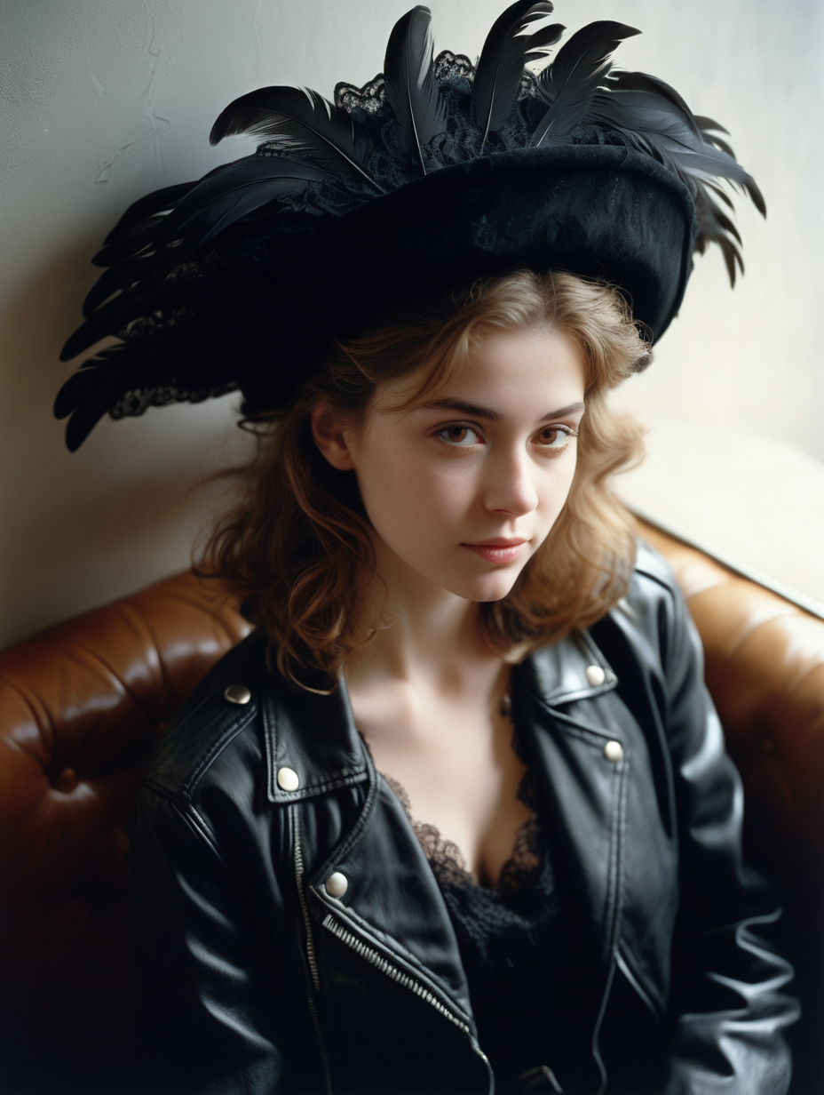 <lora:FilmVelvia3:0. 6>, masterpiece, best quality, 1girl, solo, sexy pose, pensive woman, intricate lace, feathered hat, curled hairdo, pale skin, minimal makeup, tender smile, dainty neckline, nostalgic atmosphere, still life, leather jacket, shot from above and behind, cinematic shot