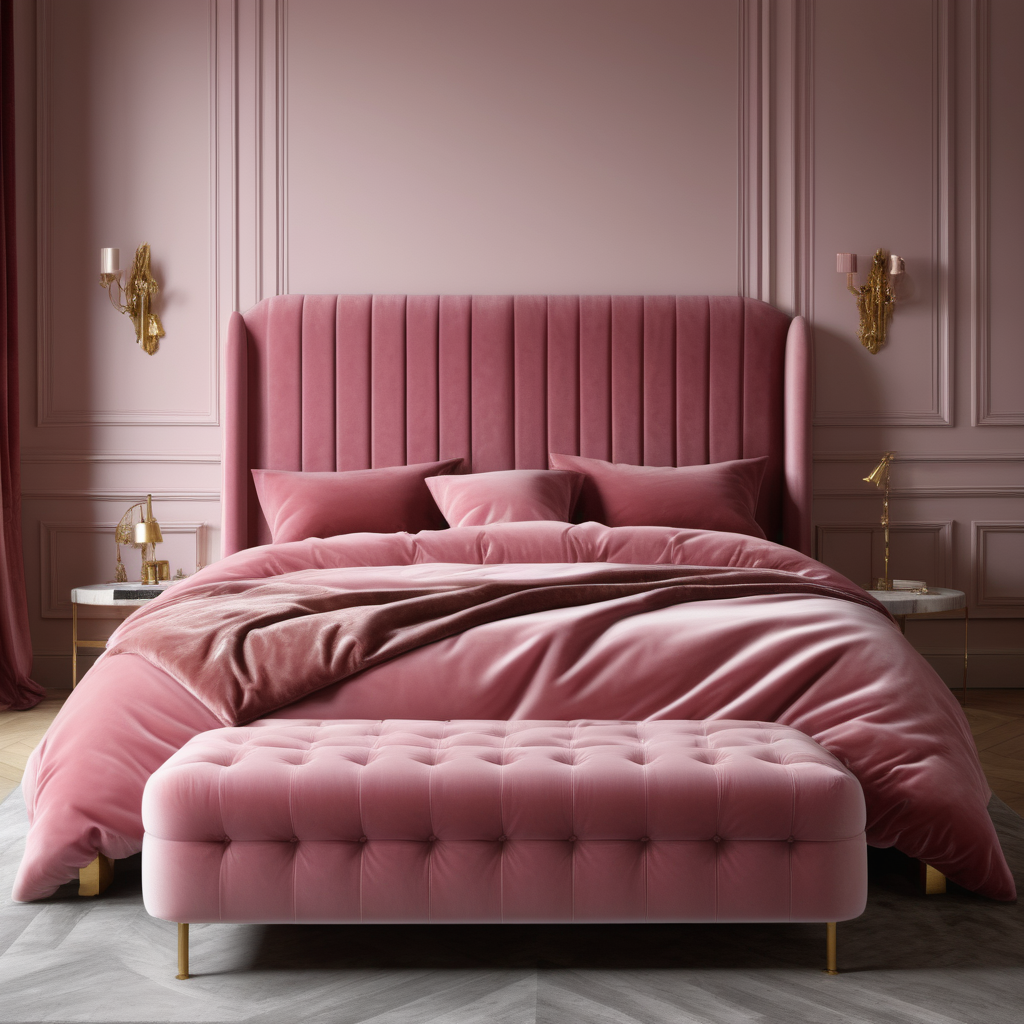 a hyperrealistic image of a velvet modern Parisian  king bed  in dusty rose, oak and brass 
