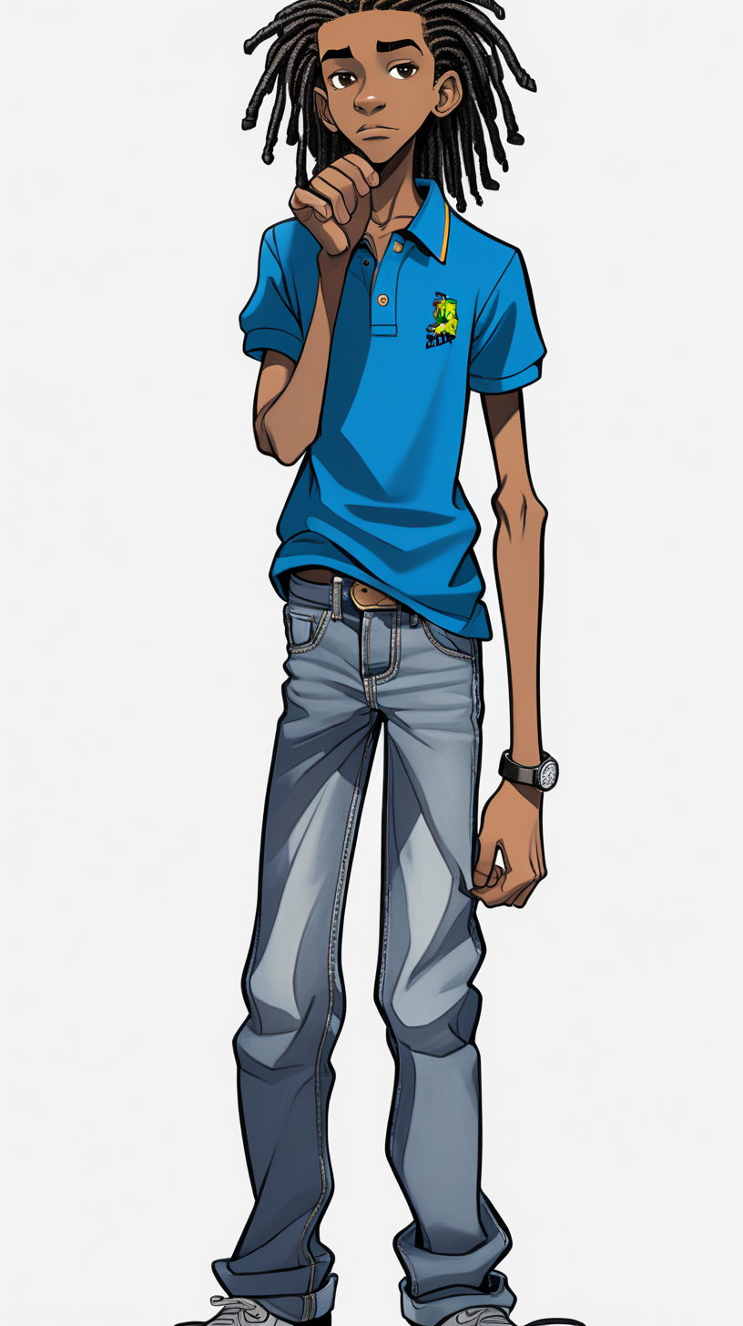 
comic-style 16-year-old black Jamaican teen boy who is tall, thin with short dreadlocks wearing a polo shirt with jeans standing full body. make background plain
