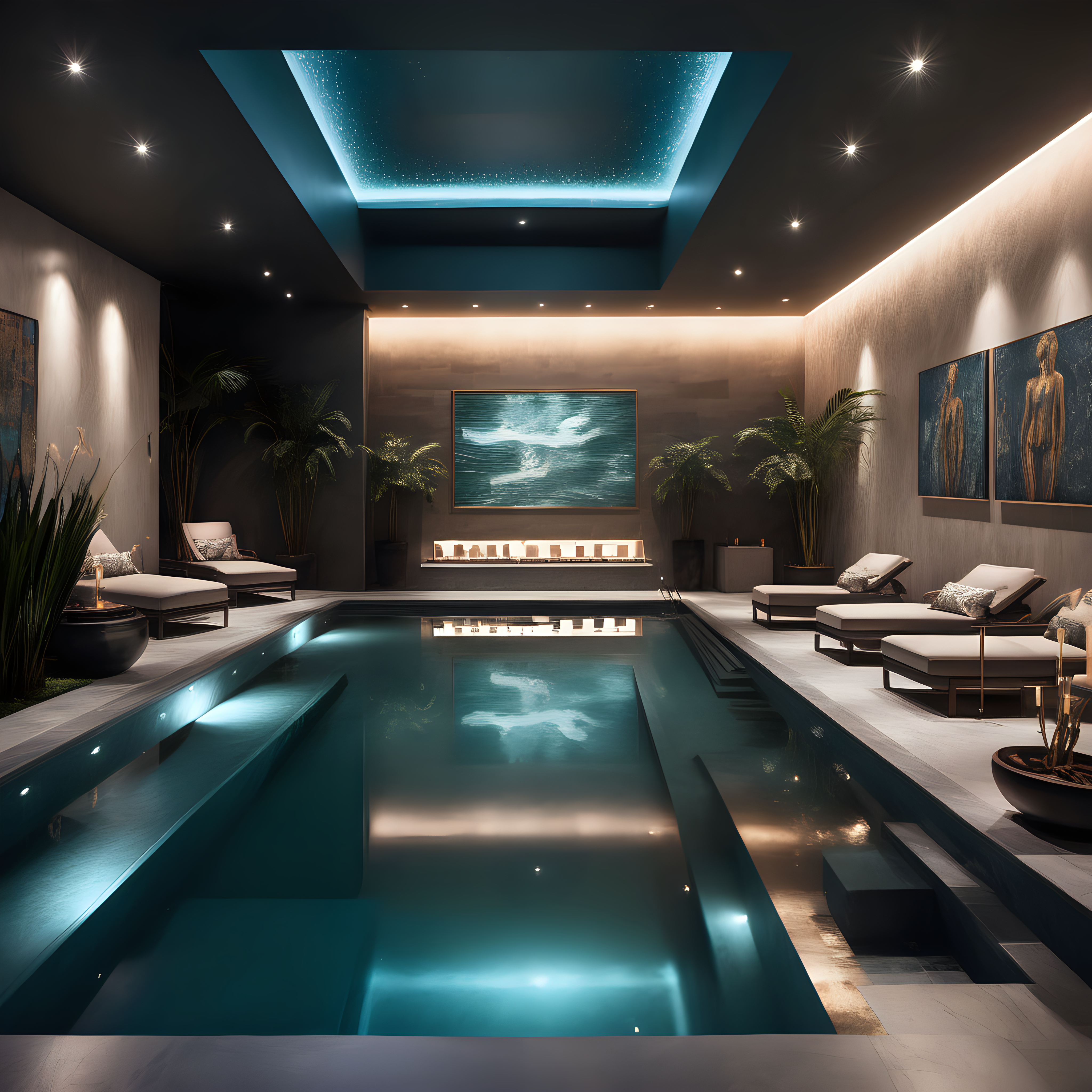 luxury swimming pool indoor with seating area spa