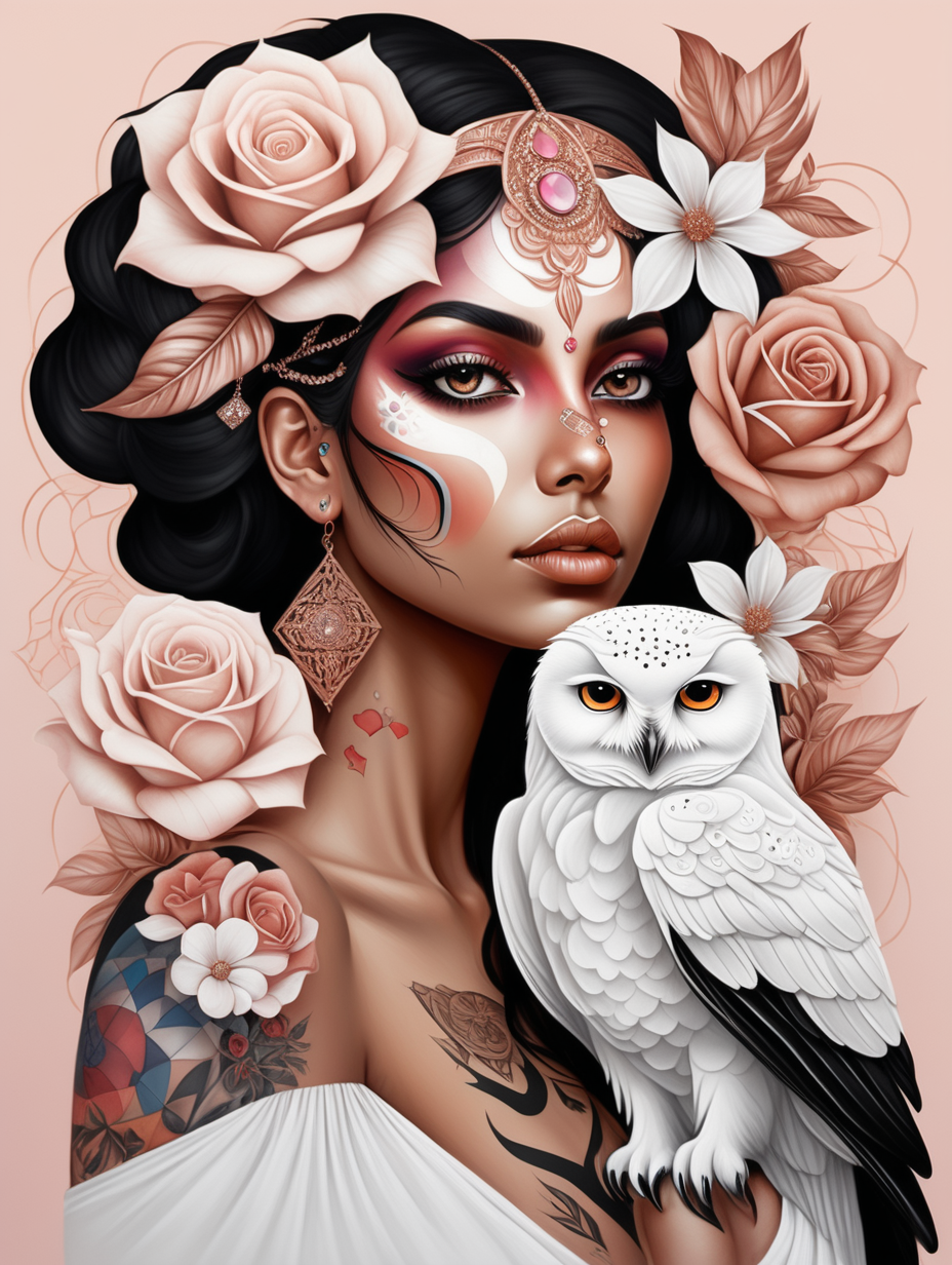 abstract exotic 3 women black, white and Hispanic skin with floating crystal balls in rose gold wearing a Puerto Rican flag looking at a white owl with love she has tattoos and soft color flowers in there hair