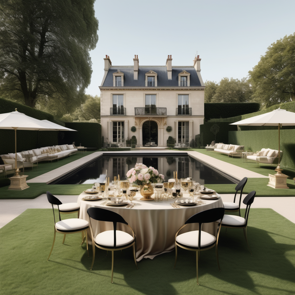 hyperrealistic modern Parisian garden tea party on sprawling lawns;  overlooking the sparklin pool; beige, oak, brass and black colour palette

