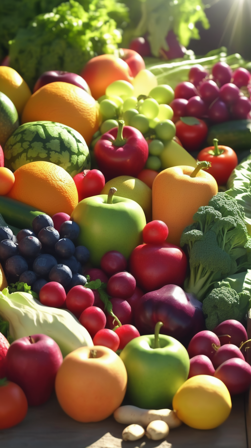 organic colourful bright fruit and veg in sunlight 4k