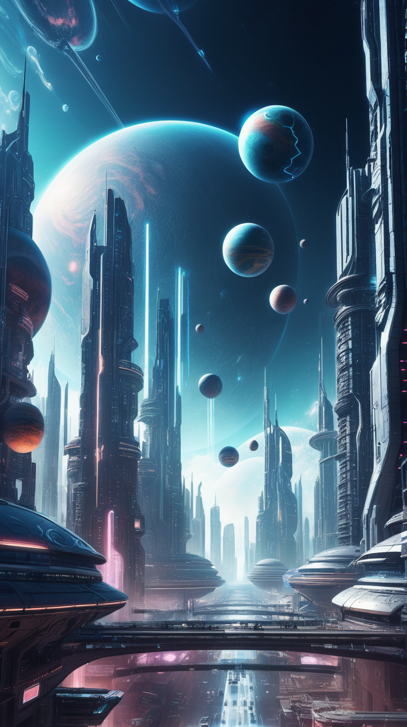 futuristic cyberpunk city with planets on the sky