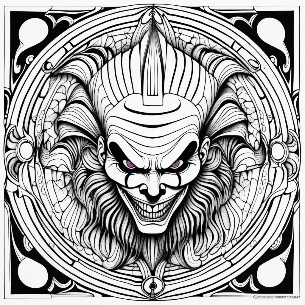 adult coloring page, black & white, strong lines, symmetrical mandala, evil clown in style of H.R Giger
