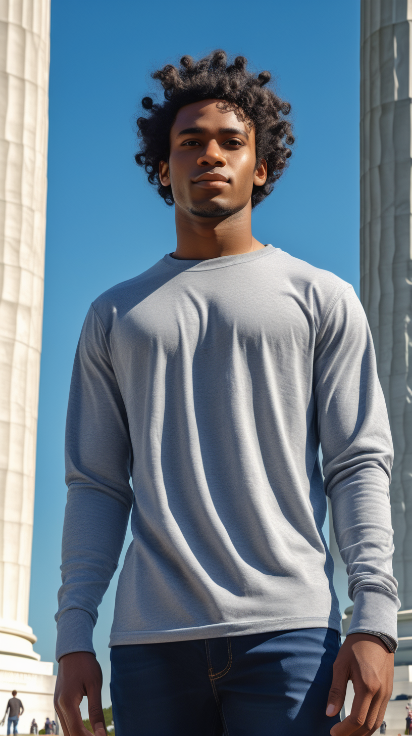 An attractive young black man, wearing curly black hair, facing the camera, wearing a long sleeved, Heather Grey, Tee Shirt, wearing Indigo blue, corduroys, standing in front of the Lincoln Memorial, bright sunny skies, ultra 4k rendering, high definition, full resolution