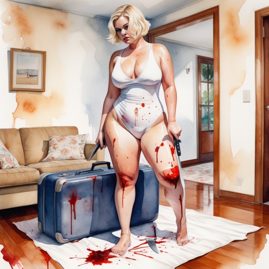 sexy big curvy blonde woman, short hair, wide hips and big ass, wearing a white swimsuit, with a knife in her blood-stained hand, stepping on top of a large suitcase on the floor of a living room in a house, image based in watercolor paint.