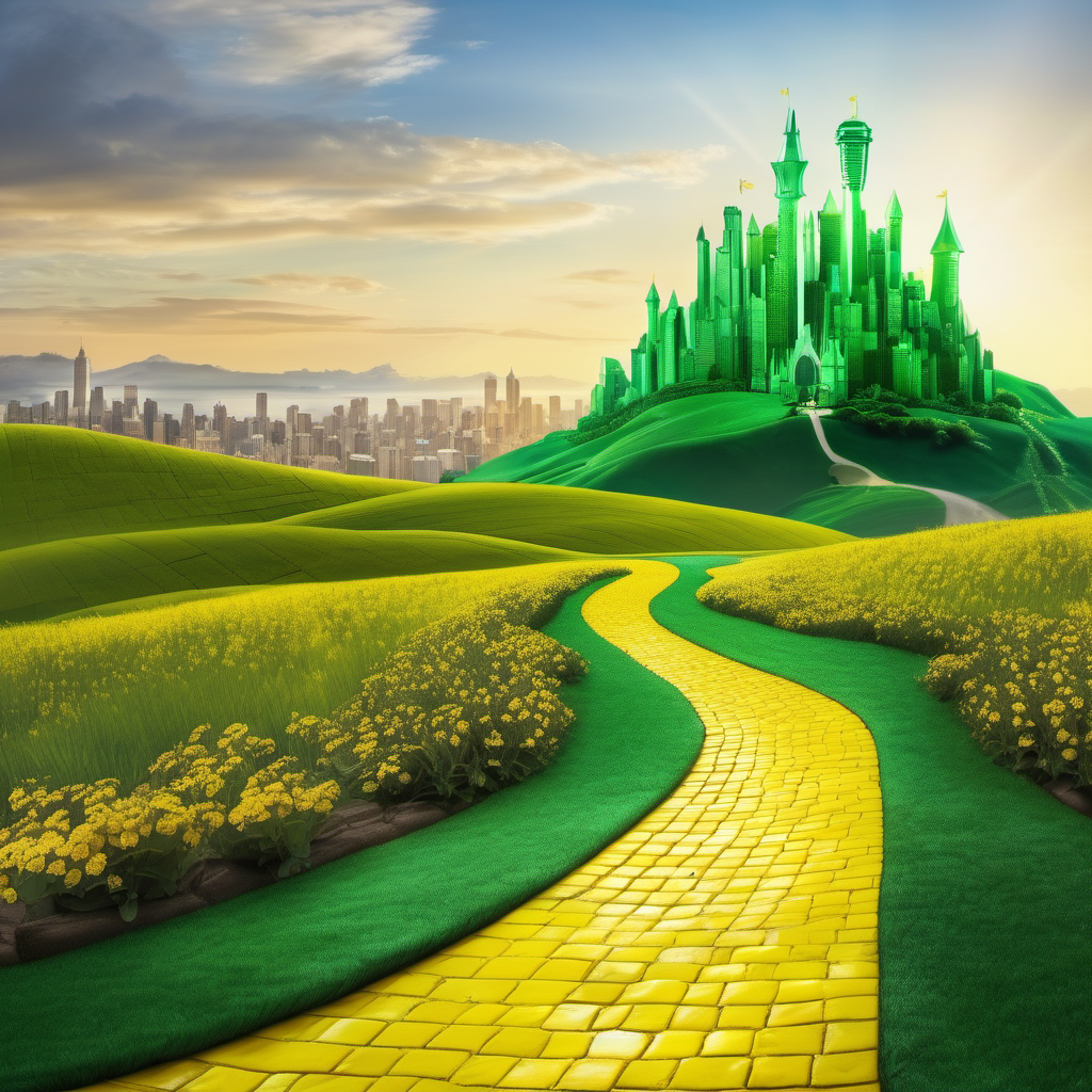  yellow brick road and emerald city in the background