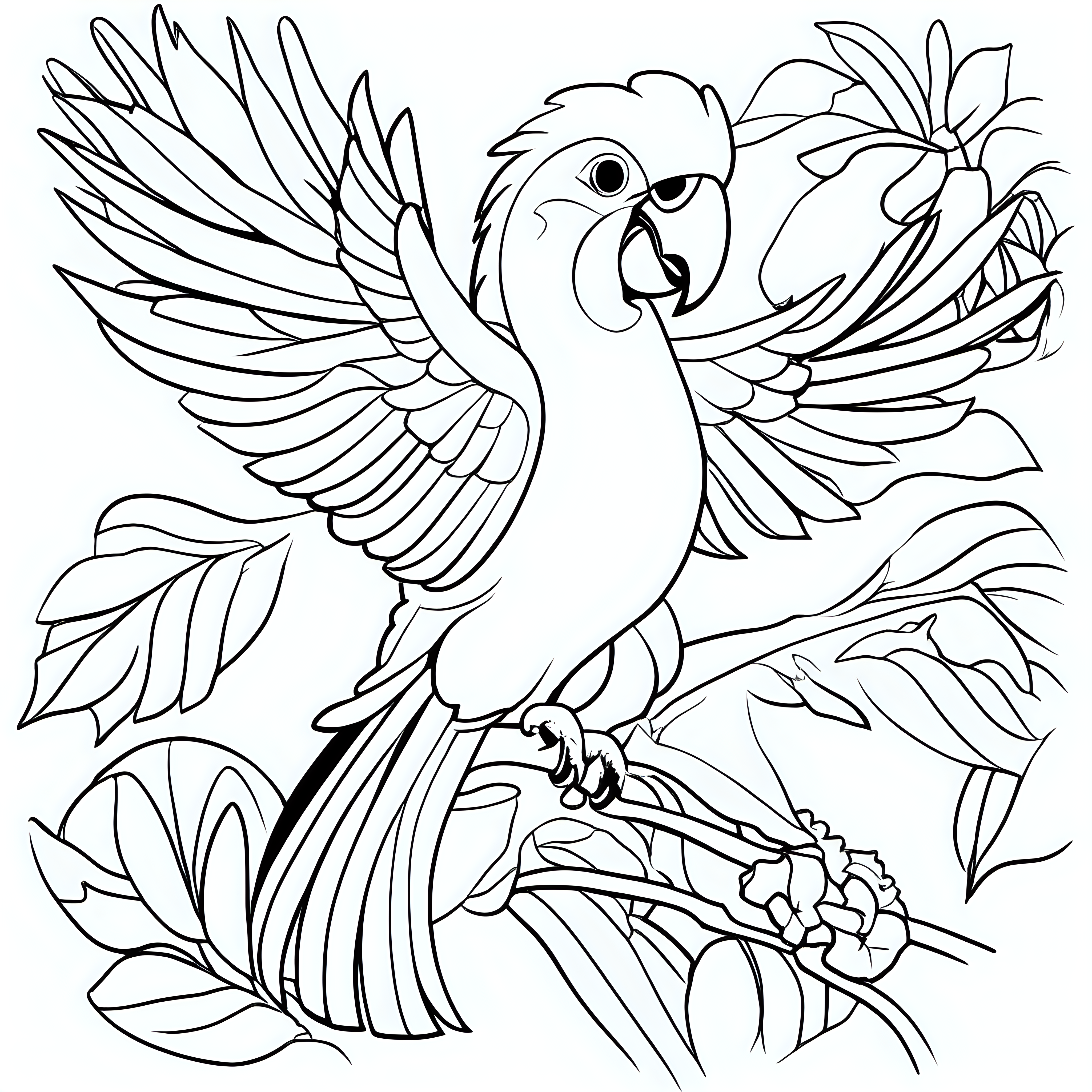 Craft a delightful black outline of a cute Hyacinth macaw, exclusively designed for a children's coloring book. This charming illustration leaves ample space for kids to unleash their creativity and add vibrant colors, making the coloring experience both engaging and delightful.