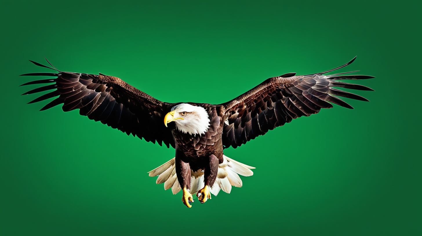 bald eagle against a  dolid green background