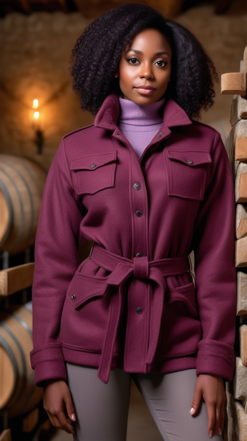 A cute, dark skinned, black woman, wearing feathered Black hair, wearing a maroon, three-quarter length, belted safari jacket, wearing a grey lambswool, mock neck sweater, wearing tight, Lavender Jeggings, standing in a winery, View is close up, from the waist up, 4k, realism, high definition clarity, light sources are large candles, sconces on the wall 