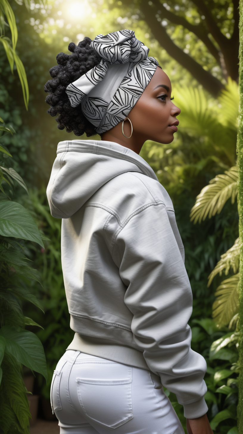 A beautiful, young Black woman, wearing curly black hair, wearing an anfrican print head wrap, standing against a lush garden background, Facing away from the camera, wearing a white, denim jacket, wearing a Heather Grey, hooded sweatshirt, lighting is over the left shoulder, from behind, pointing down ultra 4k render, high definition, deep shadows