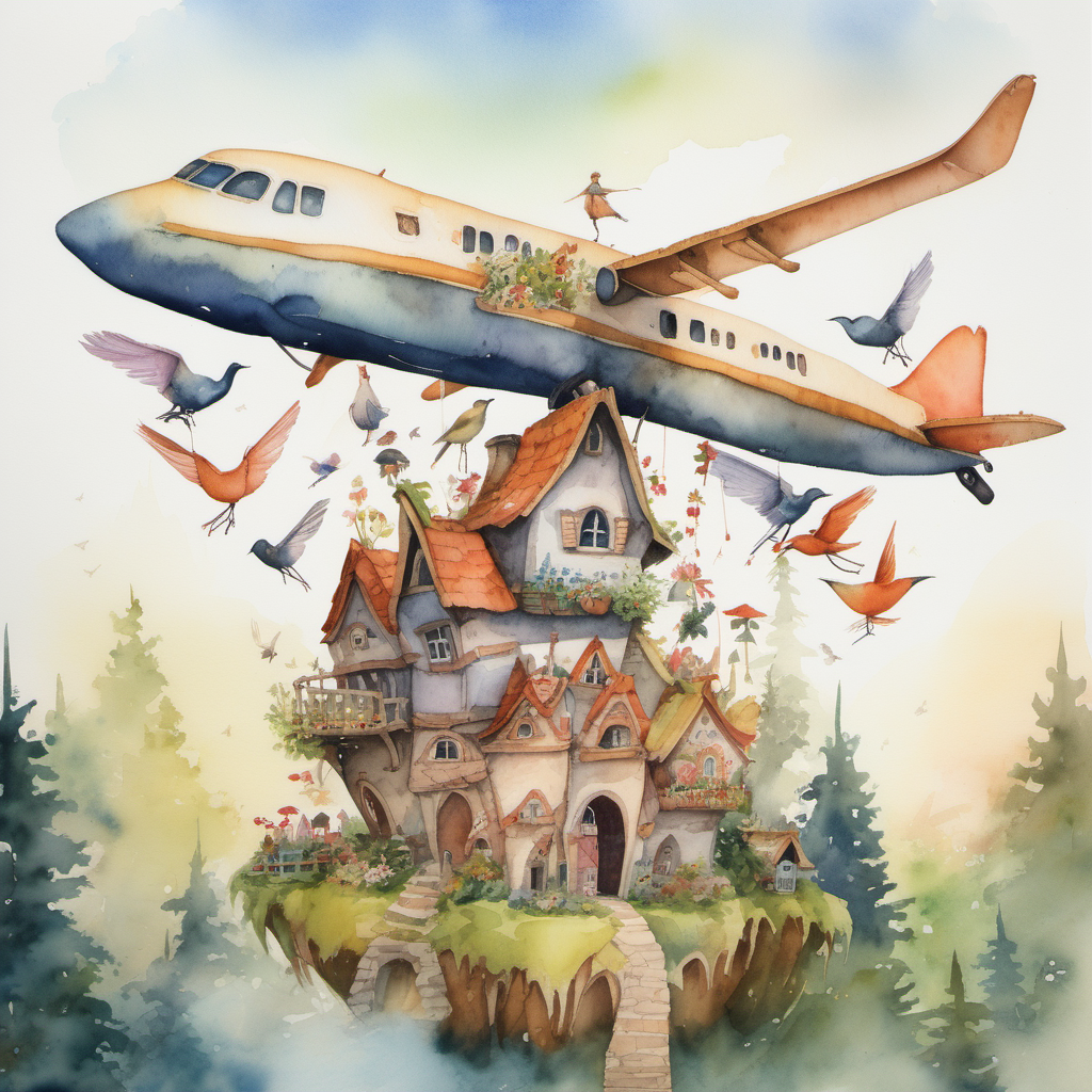 A watercolor painting of an aeroplane held up by a lot of birds over a fairy village