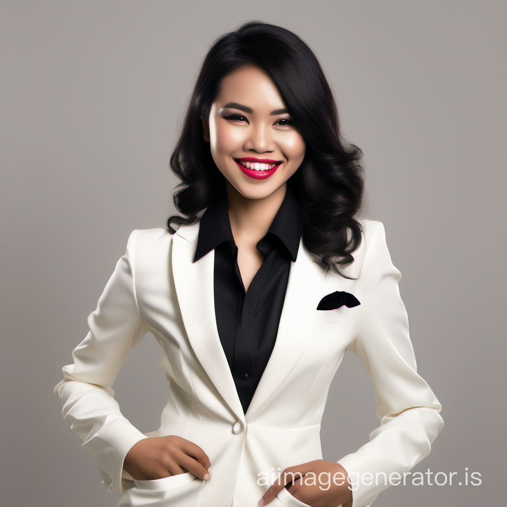 cute and sophisticated and confident and smiling indonesian woman with shoulder length hair and lipstick wearing an ivory tuxedo with black pants and with a white shirt and a black bow tie.  Her hands are in her pants pockets.