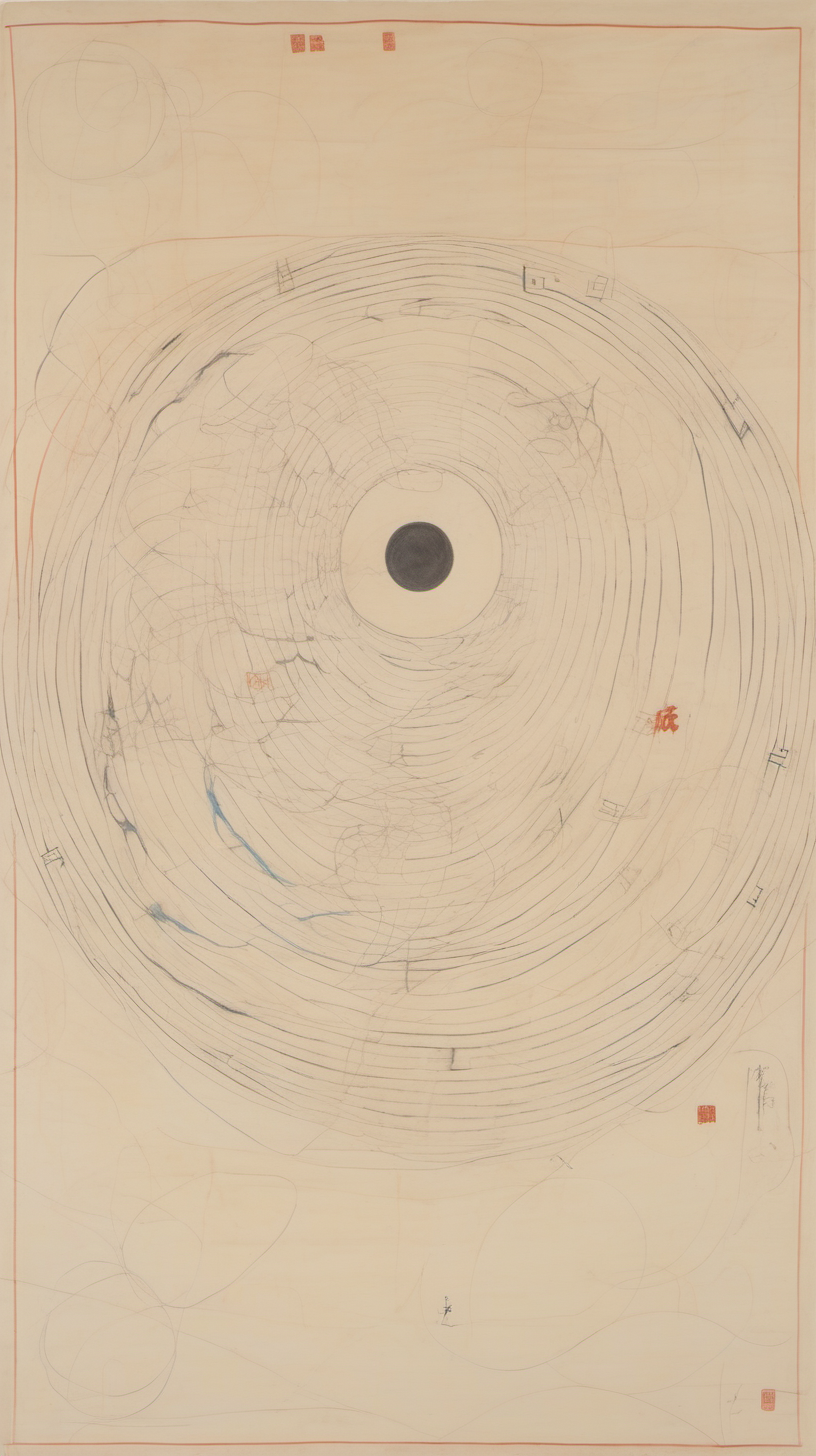 chinese gongbi drawing, with traversable wormhole, other worldly scenery, Agnes Martin, kandinsky 