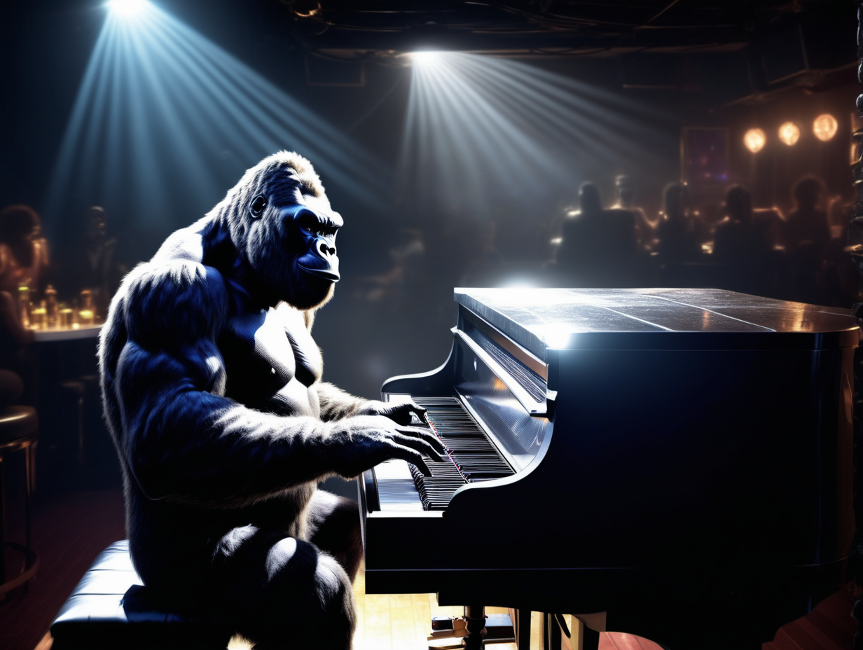 King Kong playing a piano
 in a night club with a spotlight