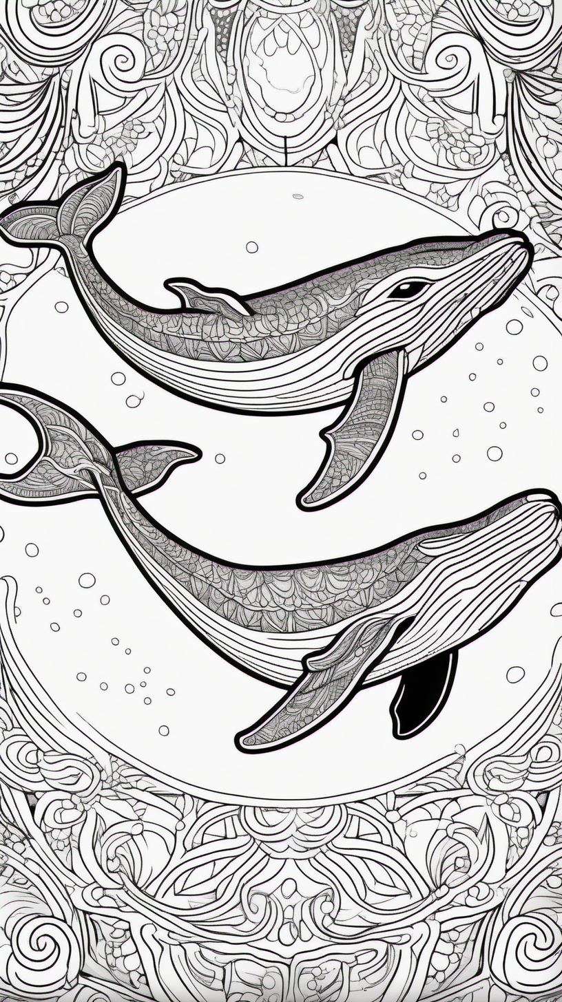 humpback whale, mandala background, coloring book page, clean line art, no color