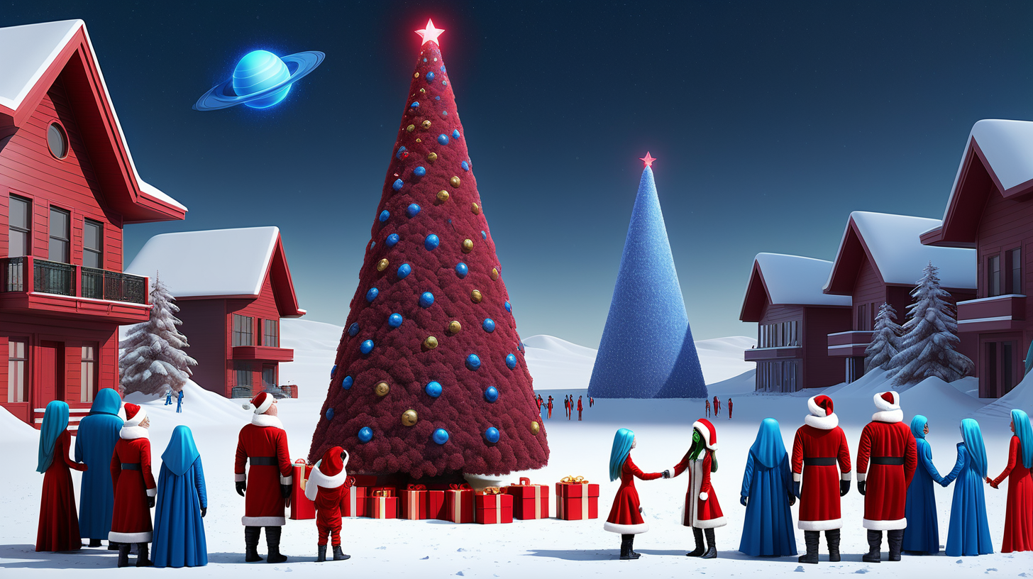 На самой большой площади Марса стоит высокая нарядная с заженными лампочкамм елка, около елки стоят Илон Маск в красном костюме санта клауса со снегурочкой-казашкой, одетой в длинную синюю шубу с короной на голове.  Вокруг них стоят  радостные марсиане: дети, женщины, мужчины.  Санта клаус и снегурочка  поздравляют марсиан с Новым Годом, всем марсианам  дарят подарки