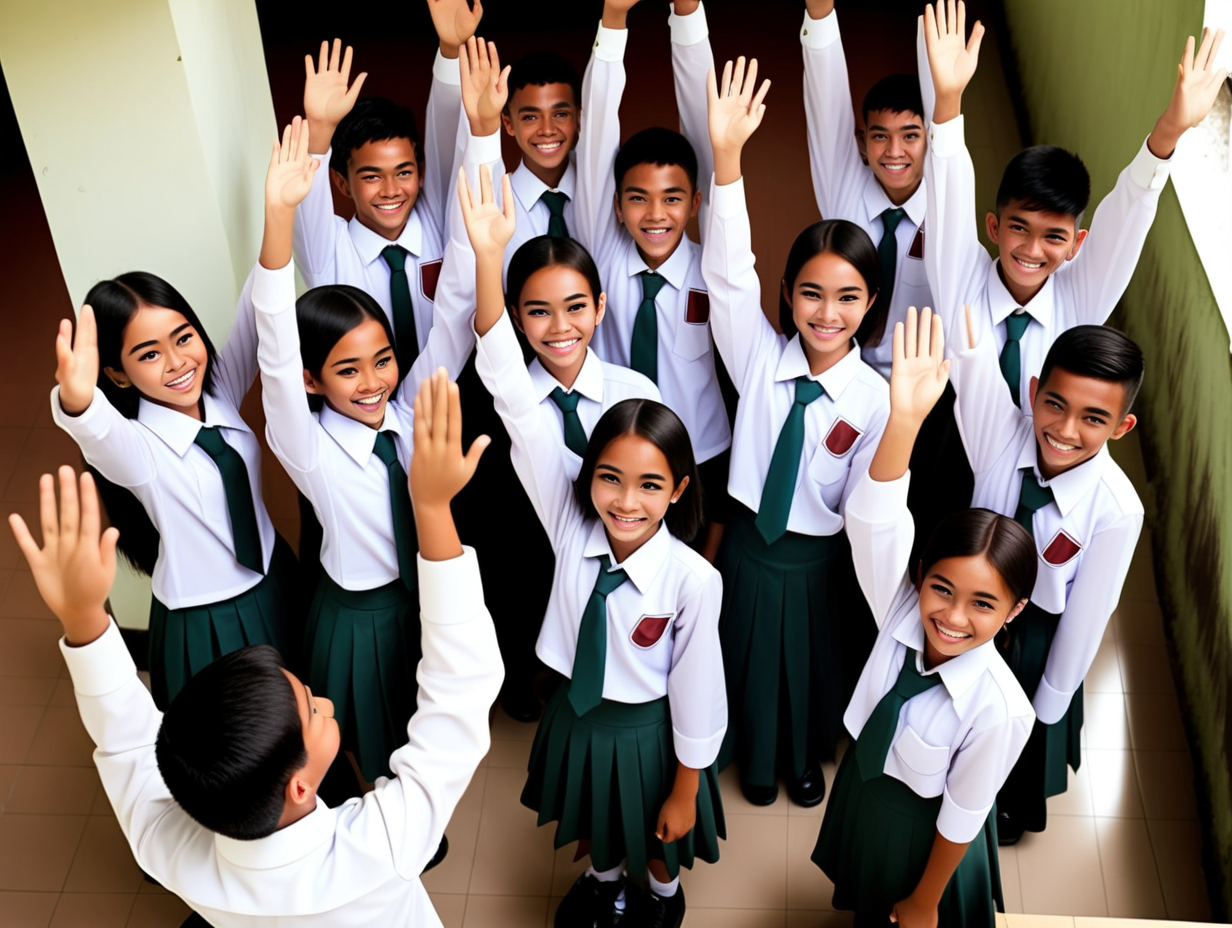 indonesian high school kids raising their hands framed in high angle
