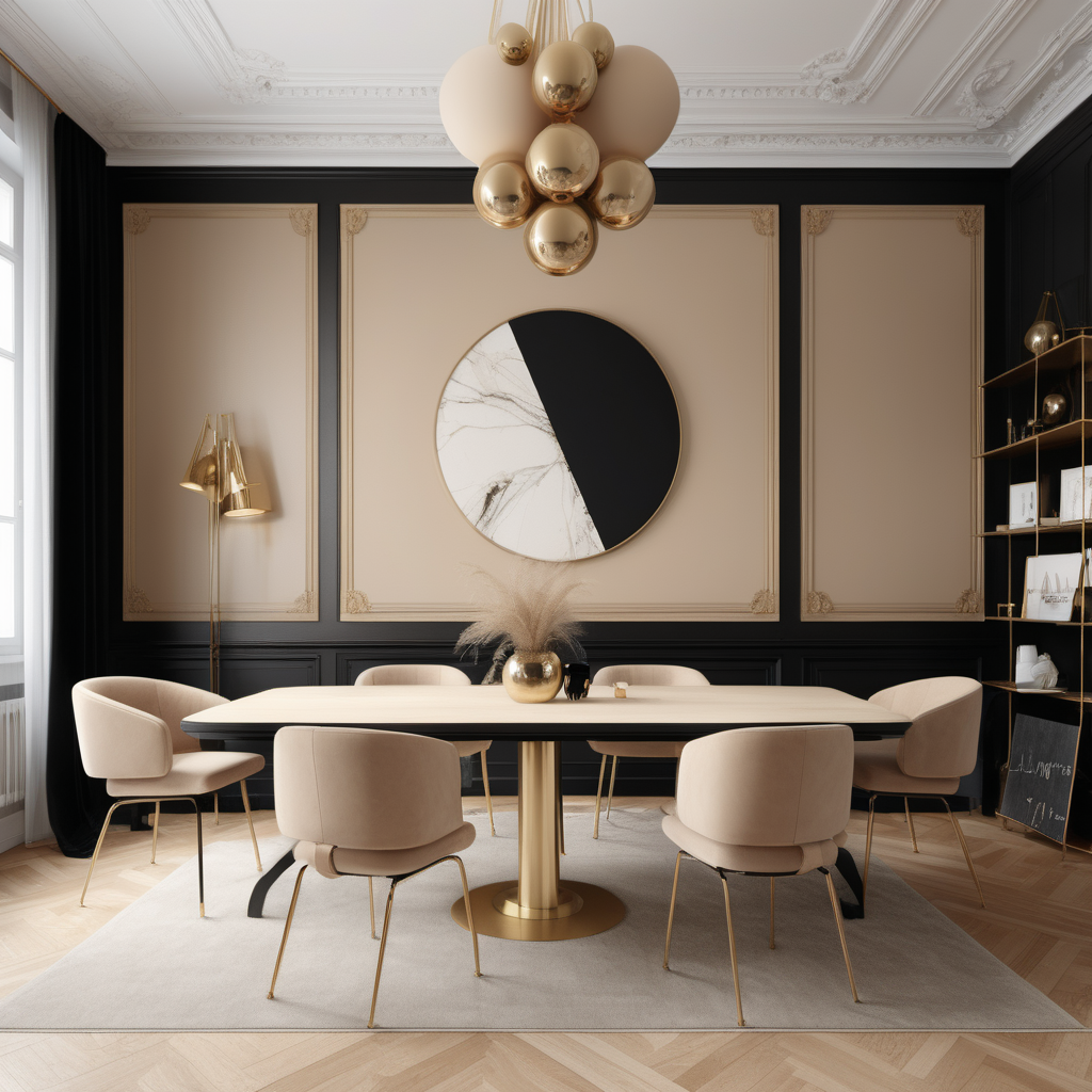 A hyperrealistic image of a palatial modern Parisian school room  in a beige oak brass colour palette with accents of black 
