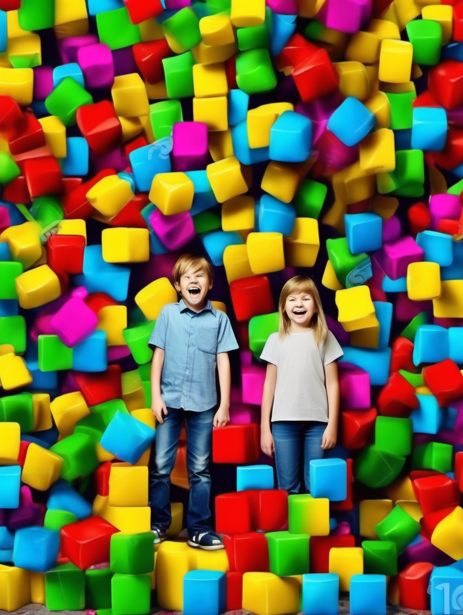 10 year old boy and 10 year old girl with happy face under the falling 25 number colourful cubes from 1 to 9, cartoon style
