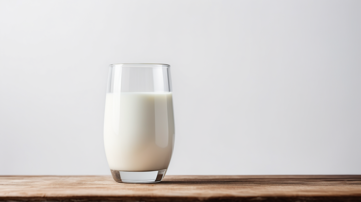 glass of milk on wooden table white background