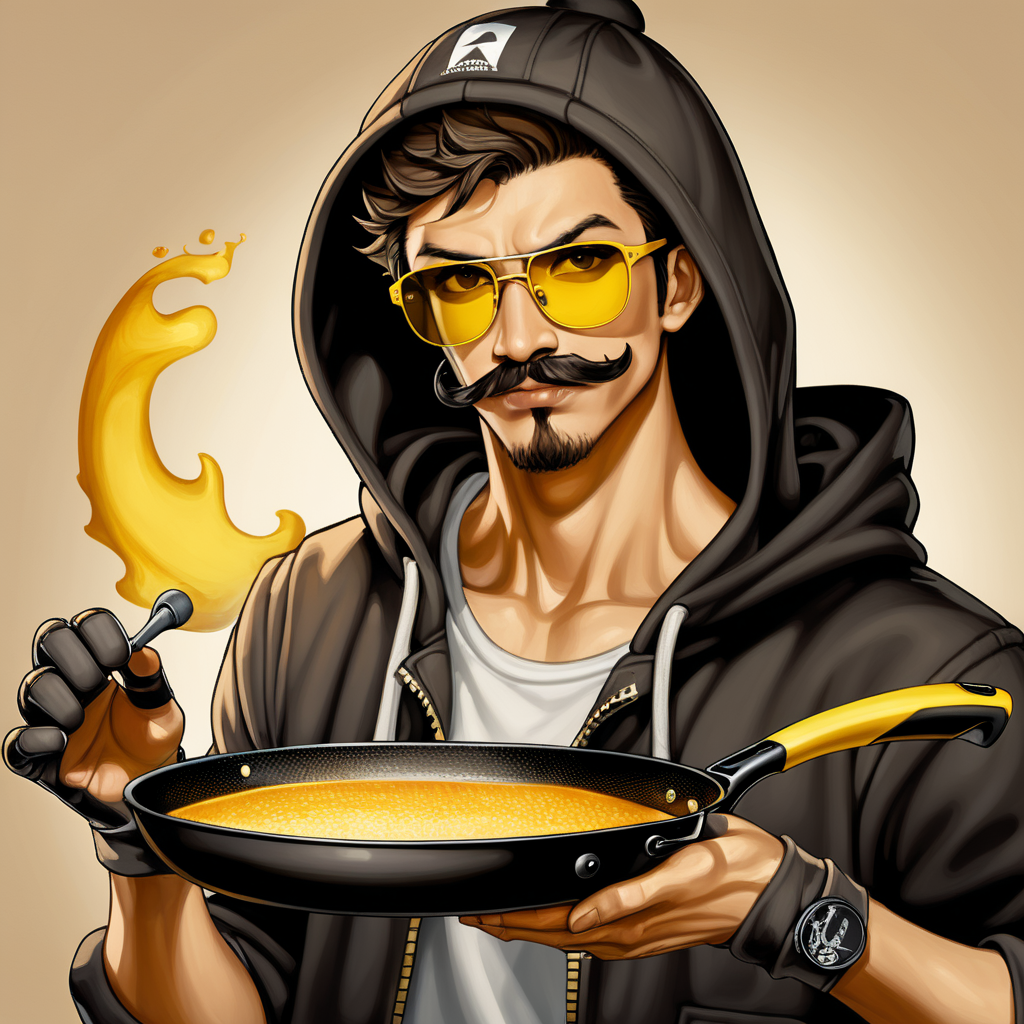 Young guy with smooth skin, yellow sunglasses, black cap, gloves, Hoodie, frying pan weapon, mustach goatee brown