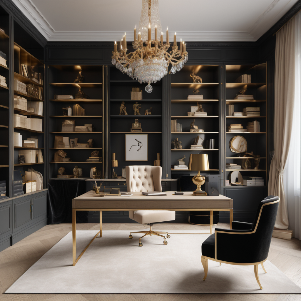 hyperrealistic image of an elegant, Grand modern Parisian home office interior with floor to ceiling brass shelves full of trinkets and books, a modern chandelier, a velvet desk chair, a statement piece of art, in a beige, light oak, black and brass colour palette, suede