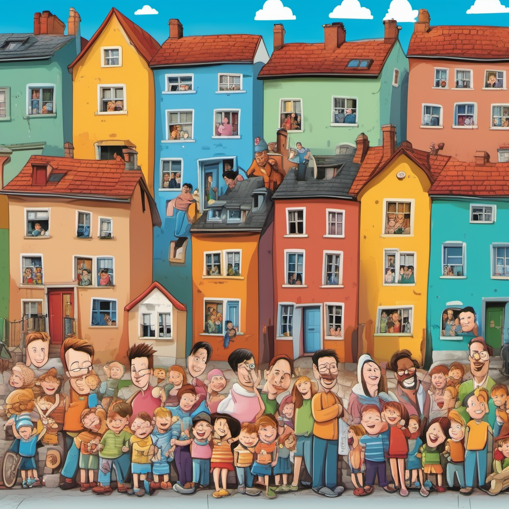 10 cartoon people including kids, men and women looking happy in the town filled with the murals on the walls of houses. 