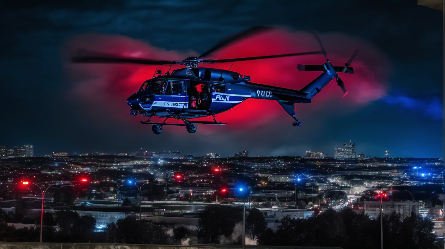 (A nocturnal scene with police helicopters searching, casting blue and red lights across the sky), (Nikon Z7 with a 24-70mm f/2.8 lens), (Dark, dramatic lighting emphasizing the sweeping blue and red hues from the helicopters), (Nighttime photography capturing the urgency and suspense of police searchlights in action).