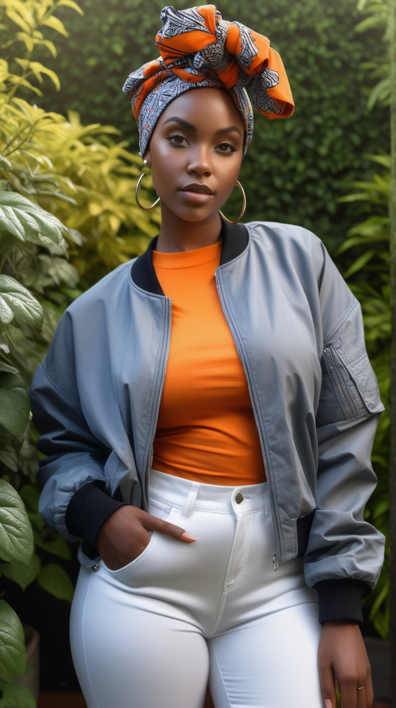 A beautiful, young Black woman, wearing short, black hair, wearing an  orange, African print head wrap, standing against a lush garden background, Facing toward the camera, wearing a white, ultra modern, nylon bomber, wearing a blue denim dress shirt, wearing a Heather Grey, white tee-shirt, wearing heather gray, loose fitting, sweatpants, lighting is over the left shoulder, from behind, pointing down ultra 4k render, high definition, deep shadows, in a garden of black roses