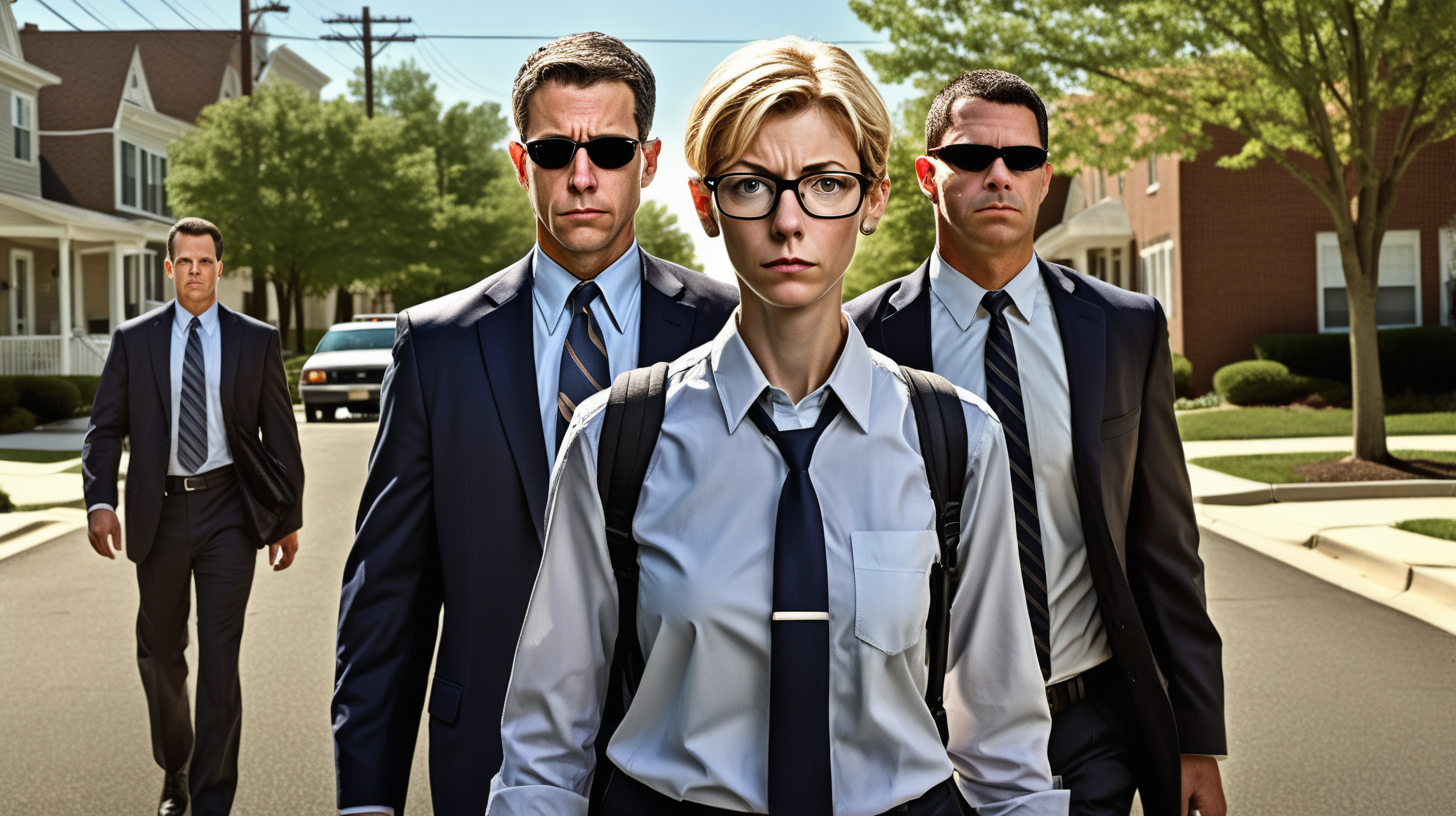 Three special FBI agents, dressed in suits; the first FBI agent is a 55 year old attractive woman with short blonde hair and bags under her eyes. She looks tired and no nonsense; the 2nd FBI agent is a 40 year old half-black/hispanic. He is built like a football running back but nervous-looking; the third FBI agent is a young very skinny white guy who appears nerdy but handsome. His shirt is untucked and he looks a bit sloppy with paranoid eyes. The three FBI agents are walking down a Normal Rockwell suburban American street where everything looks perfect on the surface. An evil-looking pedestrian is looking at the three FBI agents from the sidewalk. It is midday in the spring time and the sun is shining.