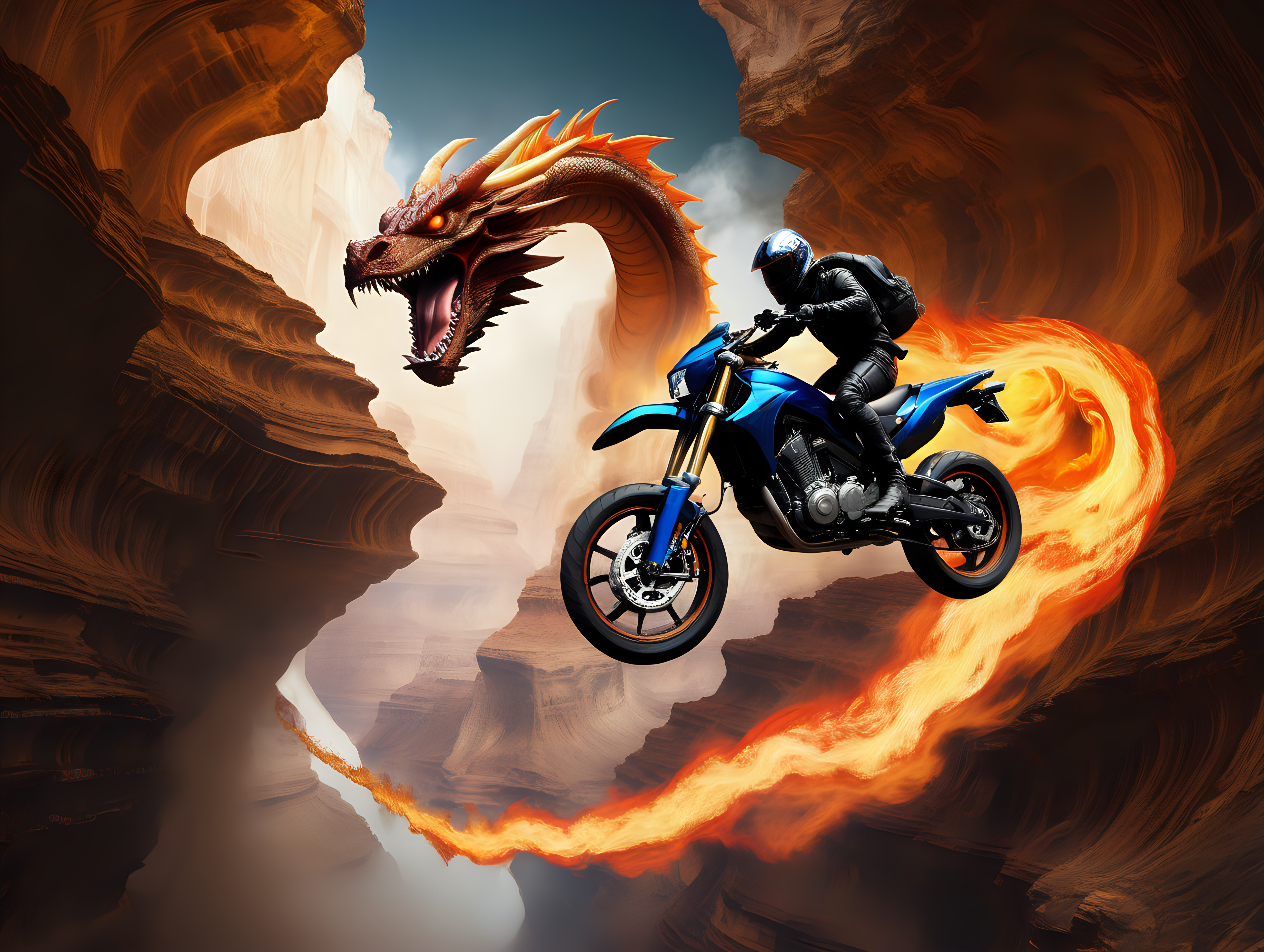 Motorcycle jumping a canyon on Jupiter chased by