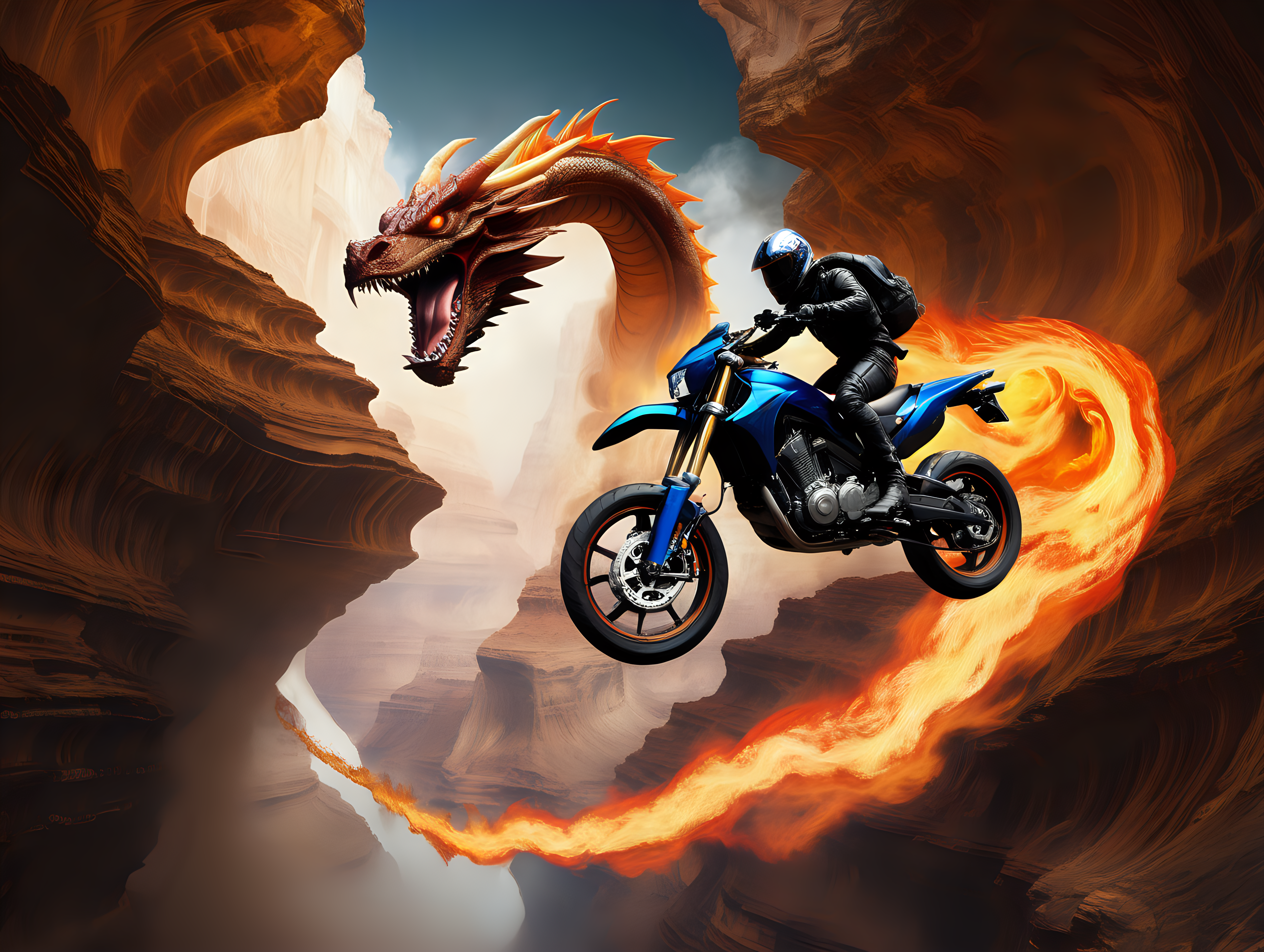 Motorcycle  jumping a canyon on Jupiter chased by a fire breathing dragon