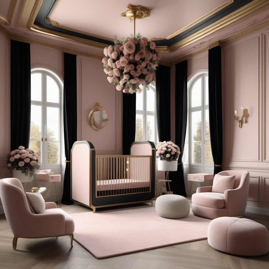 a hyperrealistic image of a Grand elegant Modern Parisian  Nursery in a beige oak brass dusty rose and black colour palette with floor to ceiling windows, coffered ceiling and floral accents