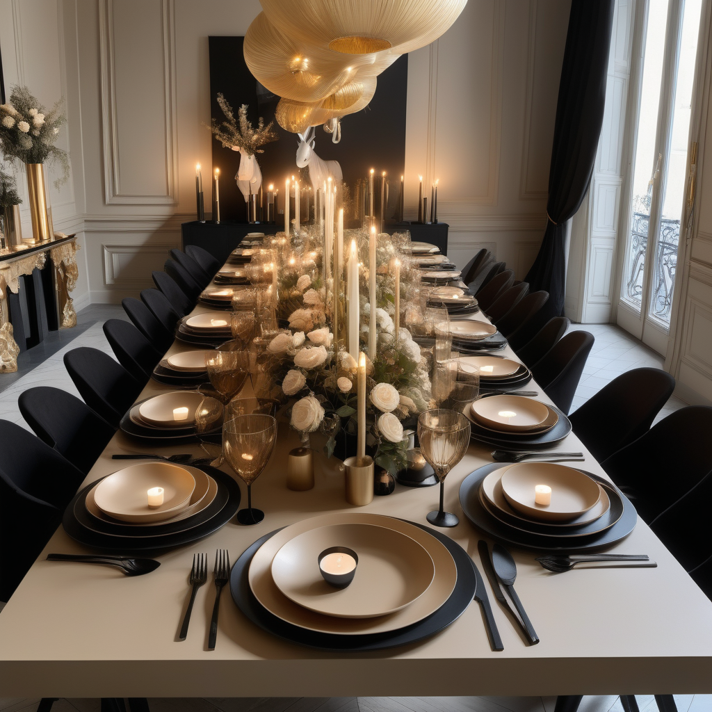 a hyperrealistic of Modern Parisian dining table properly set for a dinner party for 12 people in a beige oak brass and black colour palette with  flowers and candles and mood lighting
