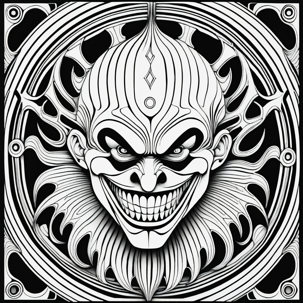 adult coloring page, black & white, strong lines, symmetrical mandala, evil clown in style of H.R Giger