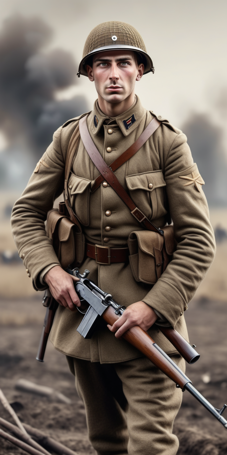Realistic WW1 soldier with brown hair with an