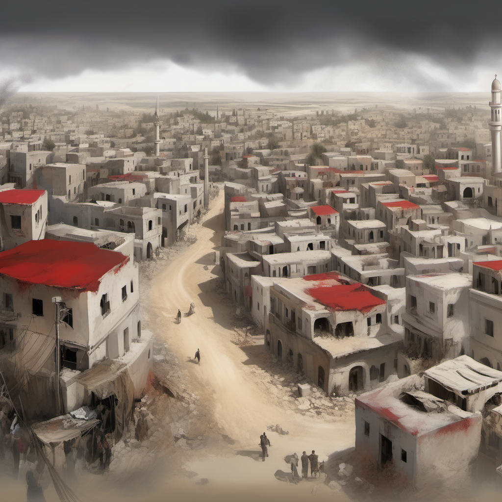 Overview of the Conflict: A sweeping, panoramic digital painting blending historical and modern elements, depicting Gaza's landscape transitioning from ancient times to the present conflict, using a color palette that shifts from earthy tones to harsher grays and reds.