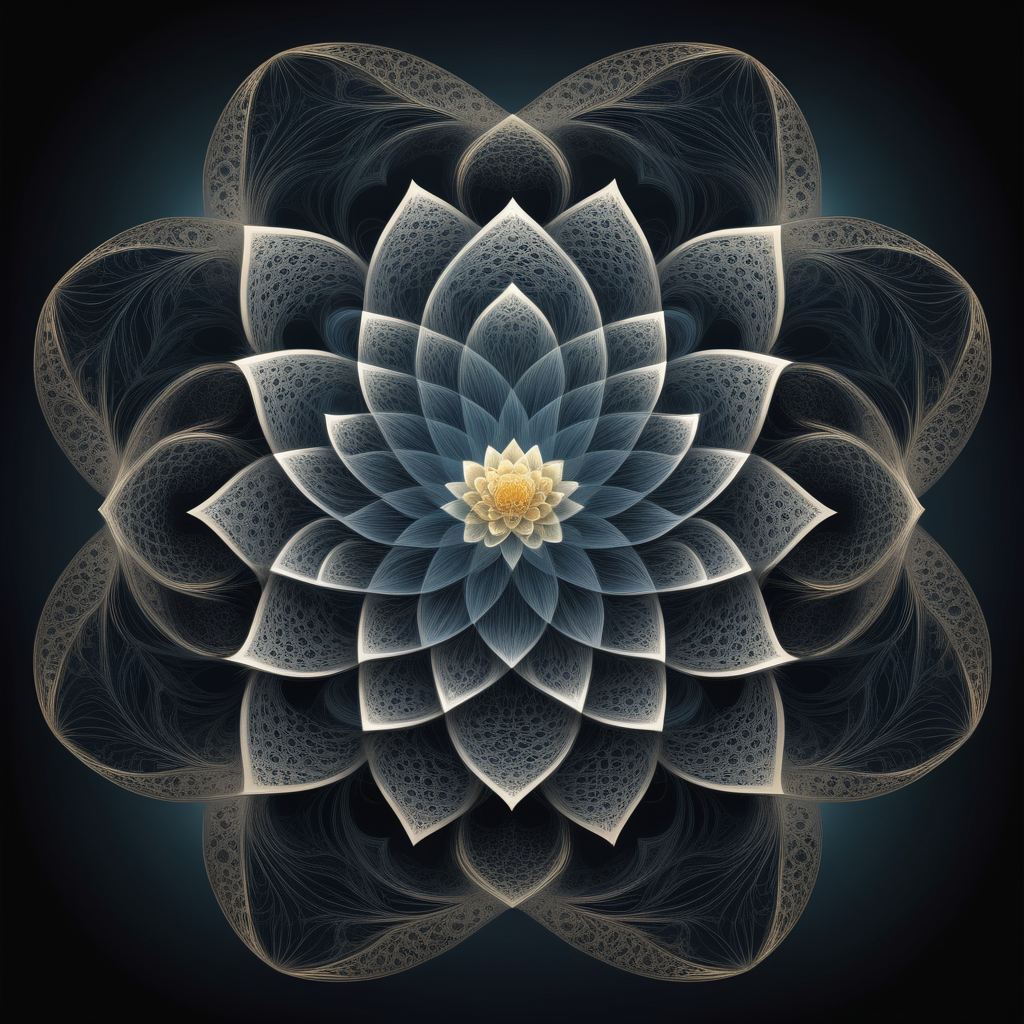 An elegant lotus flower created from recursive fractal patterns. Nested structures that are reminiscent of recursive functions in programming, suggesting the depth and tranquility of coding and meditation intertwined.