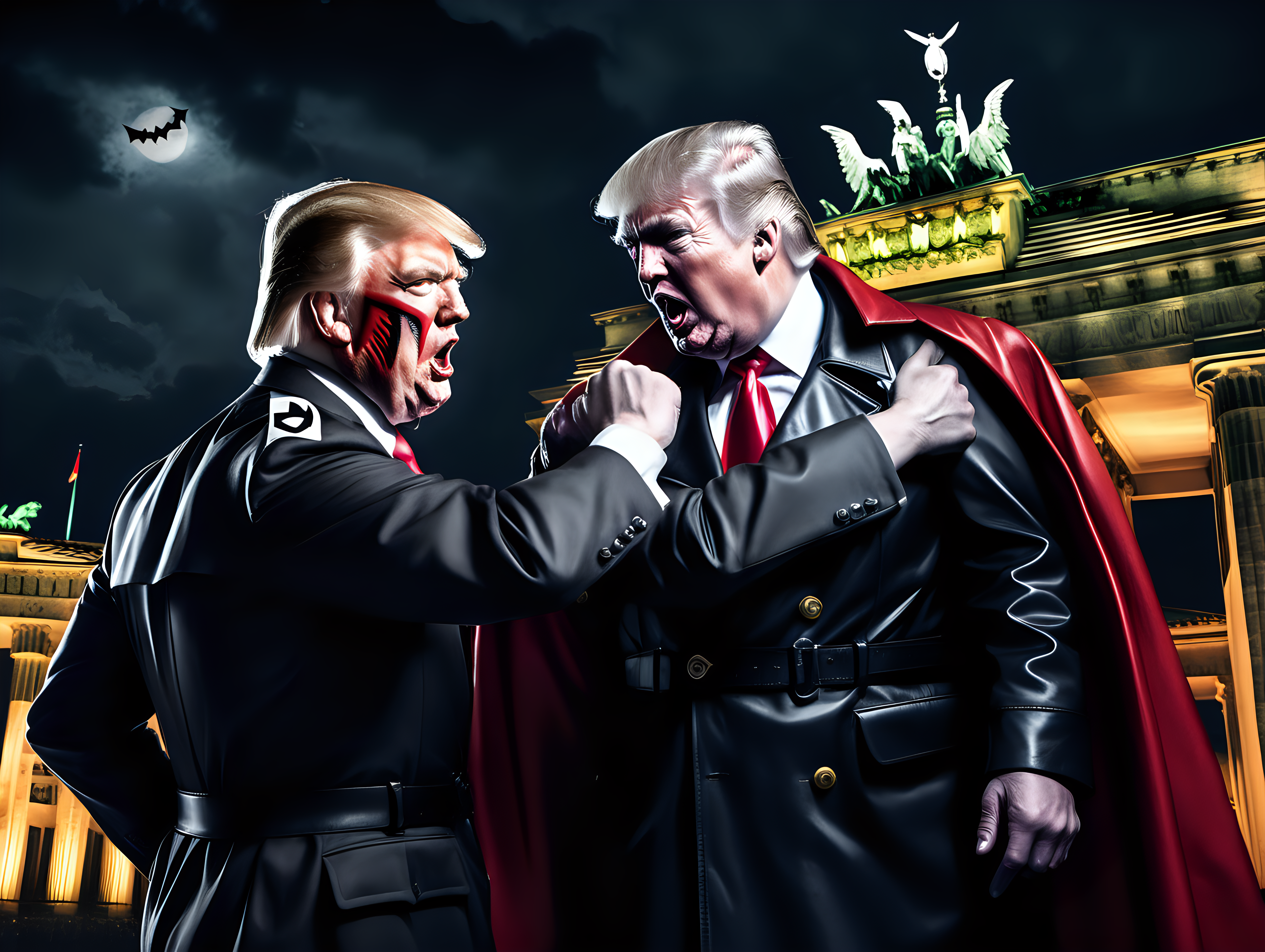 Donald Trump in a Nazi uniform fighting Dracula