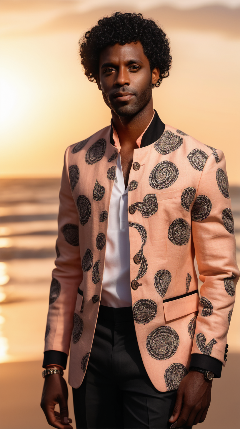  Sexy, beautiful, black man wearing short, curly black hair, wearing, A peach, African print fabric, African banded collar jacket, Black, linen trousers a sunset beach in the background, 4k, high definition, full resolution, replicated