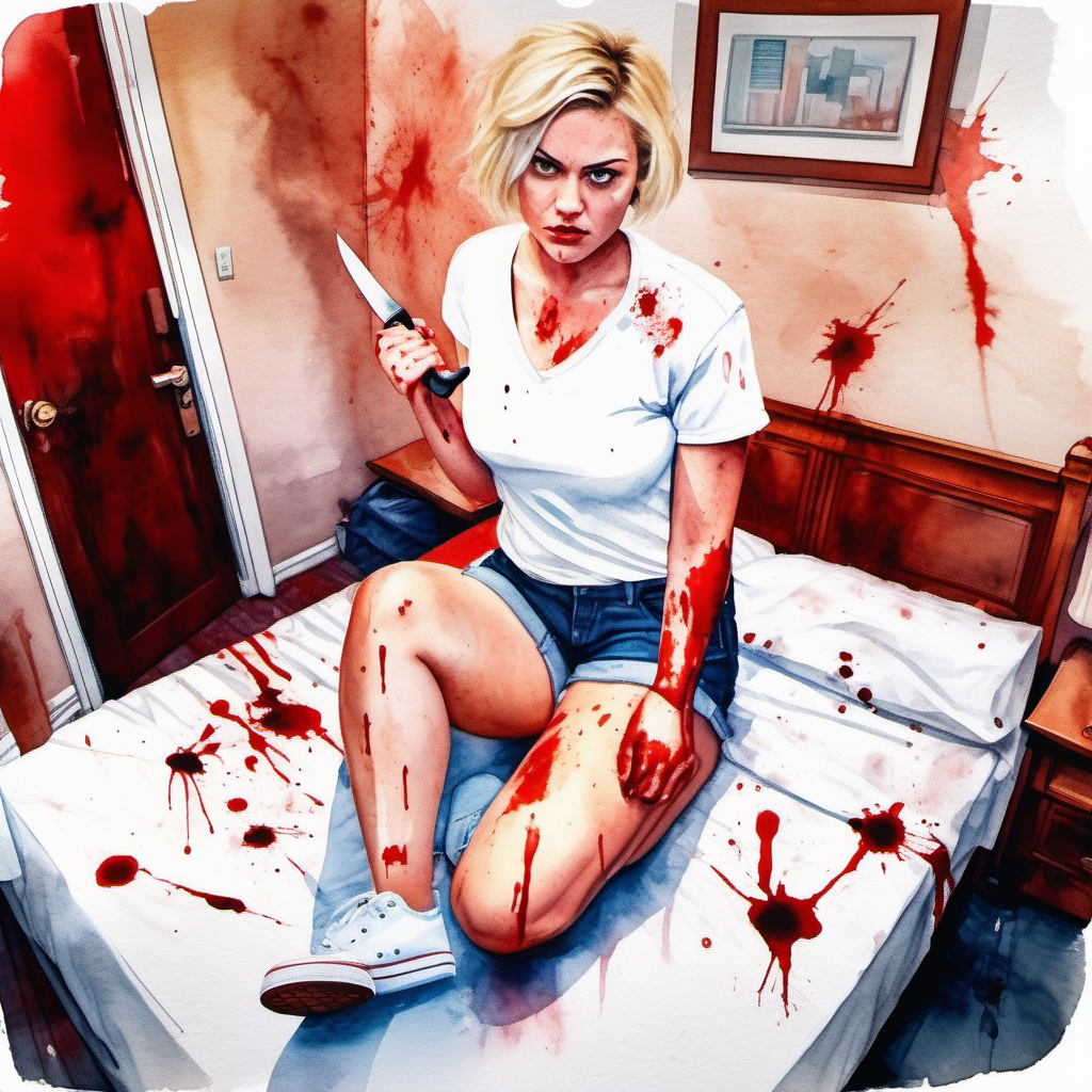 pov image from top to bottom by sexy big curvy blonde woman, short hair in a white shirt and denim shorts and white tennis shoes with a knife  in her bloody hand in in an apartment room, image based in watercolor paint.