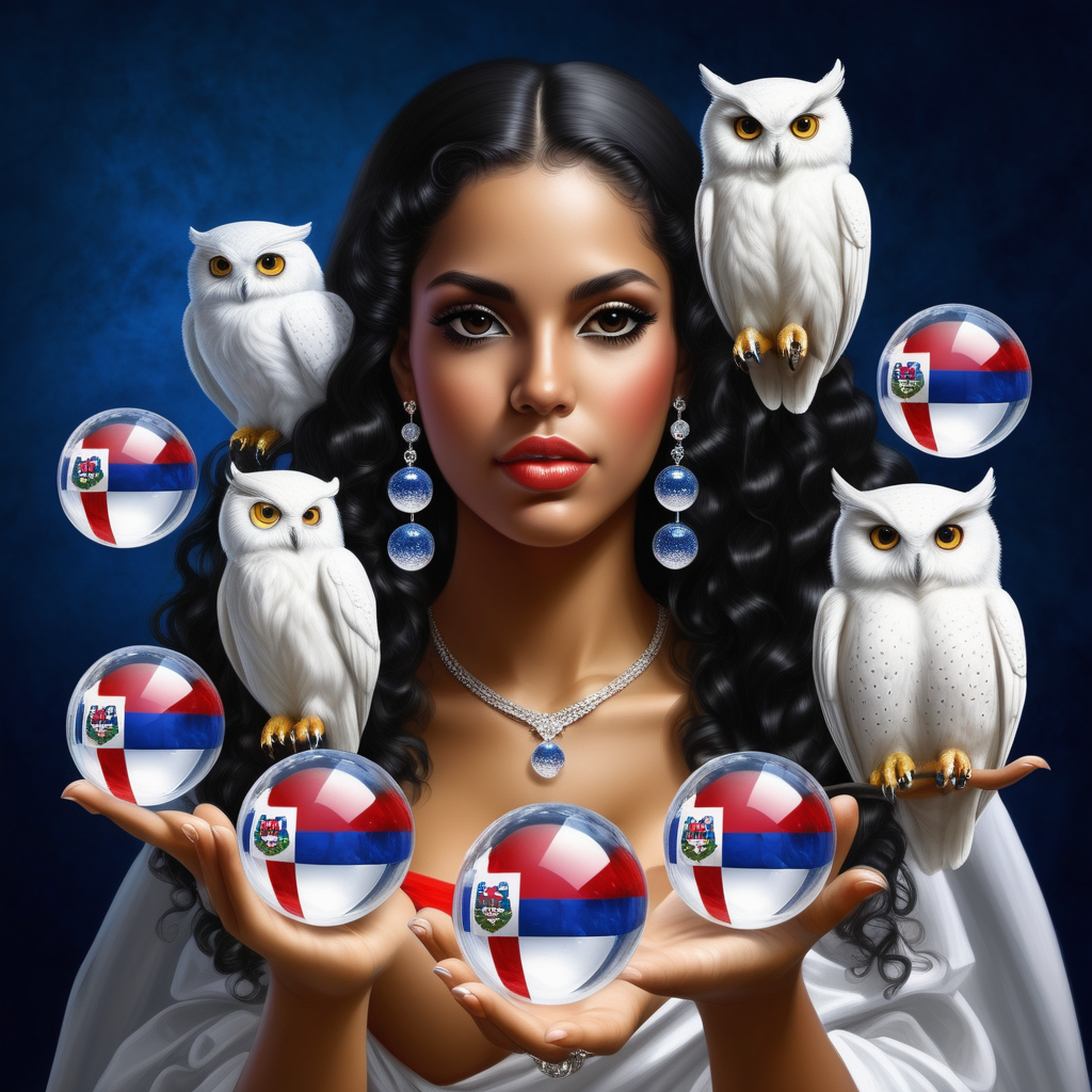  Exotic Dominican woman 

there are twelve floating crystal balls that look like bubbles in the air
 
she has the Dominican flag 
 and white owls

Dominican flag
