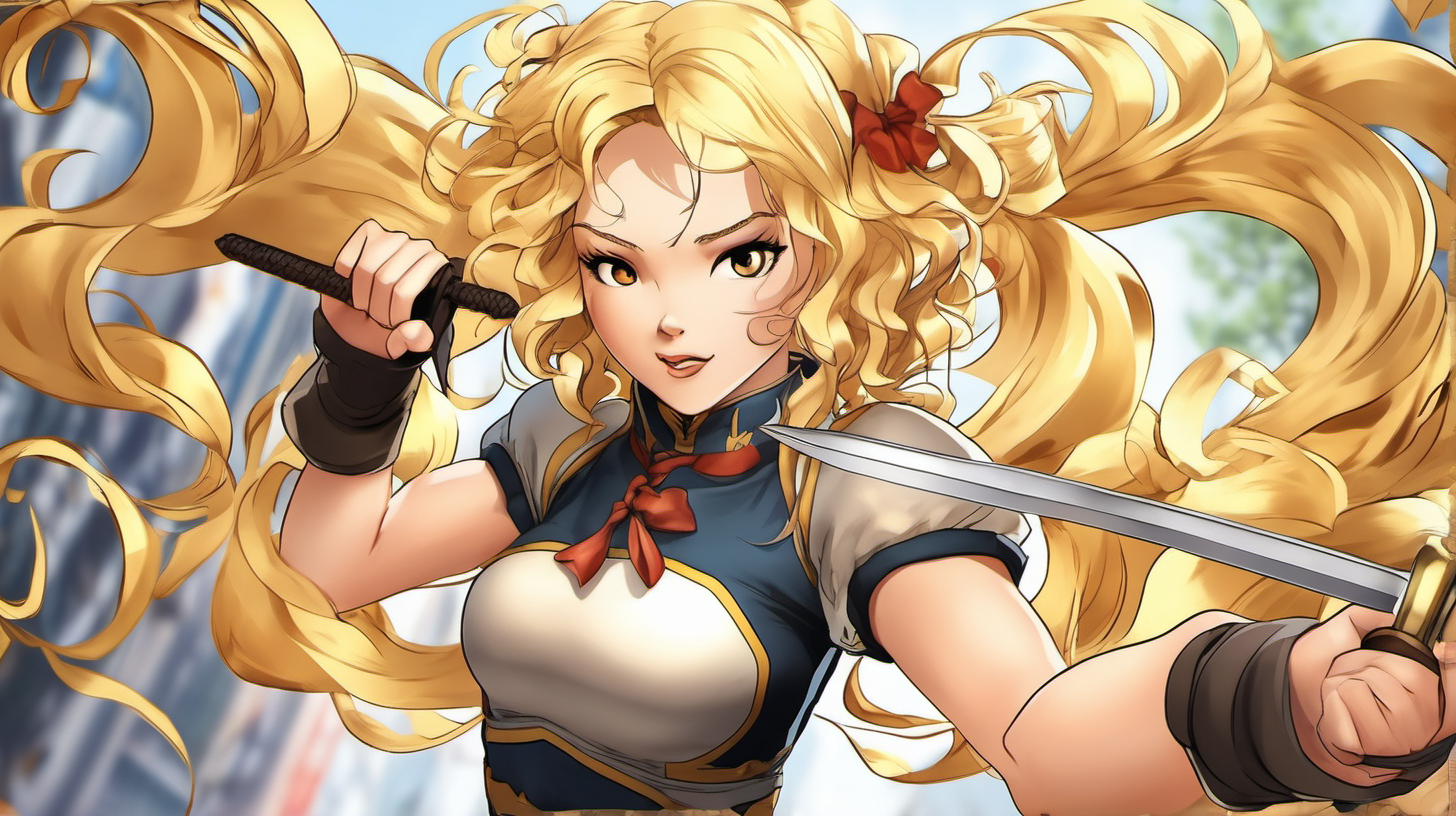 3D, Anime, adult, age 35, Asian female, Describe in vivid detail the appearance of Goldilocks. Portray her with short, long-blonde curly hair, framing her face with dark black eyes. She is a fighter and is holding two daggers that she uses in combat.