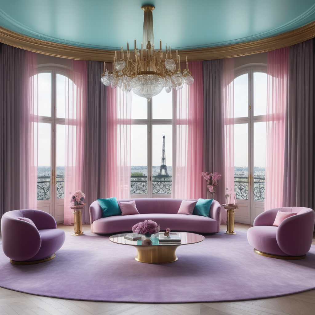 hyperrealistic image of large modern Parisian living room, floor to ceiling windows, curves, cyan, pink, lilac and brass colour palette, brass chandelier, sheer curtains